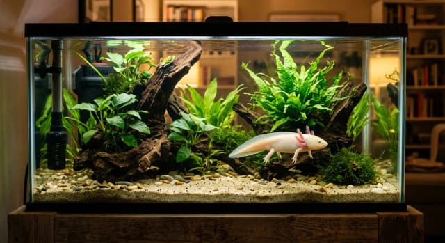 Planted freshwater aquarium housing a Axolotl