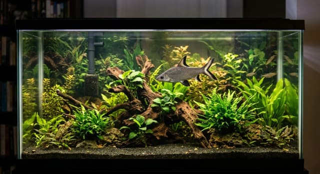 Planted freshwater aquarium housing a Bala Shark