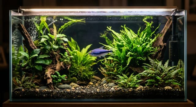 Planted freshwater aquarium housing a Blue Emperor Tetra