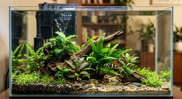 Planted freshwater aquarium housing a Bumblebee Goby