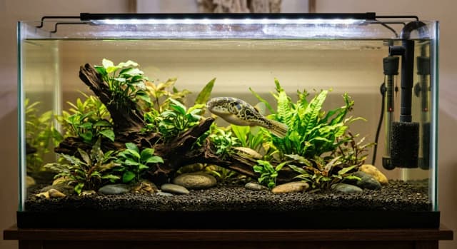 Planted freshwater aquarium housing a Figure Eight Puffer