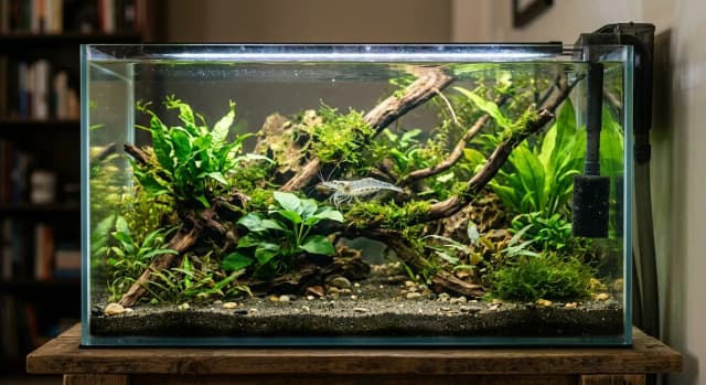 Planted freshwater aquarium housing a Ghost Shrimp