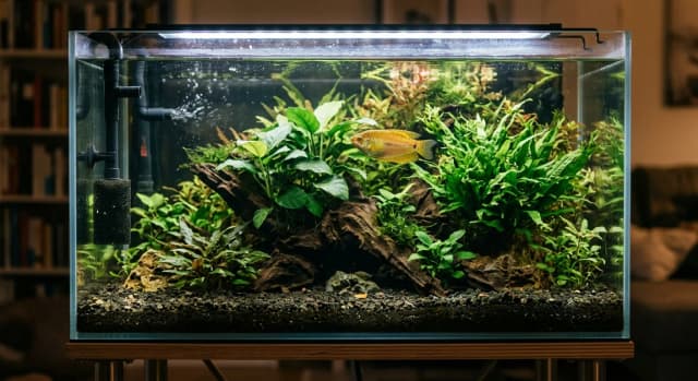 Planted freshwater aquarium housing a Honey Gourami