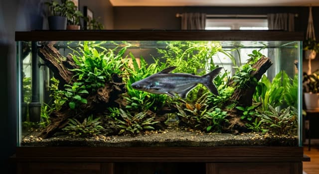 Planted freshwater aquarium housing a Iridescent Shark