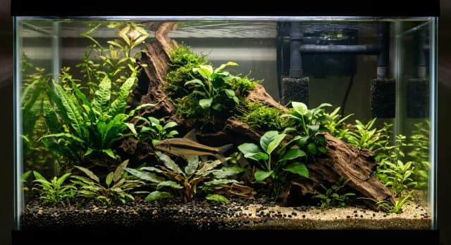 Planted freshwater aquarium housing a Siamese Algae Eater