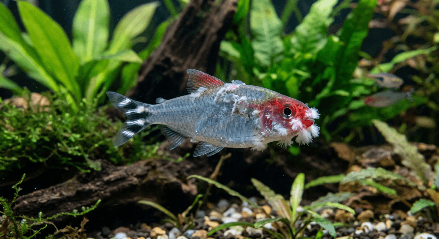 Fish with columnaris disease showing fuzzy white cotton-like growths around the mouth and gills