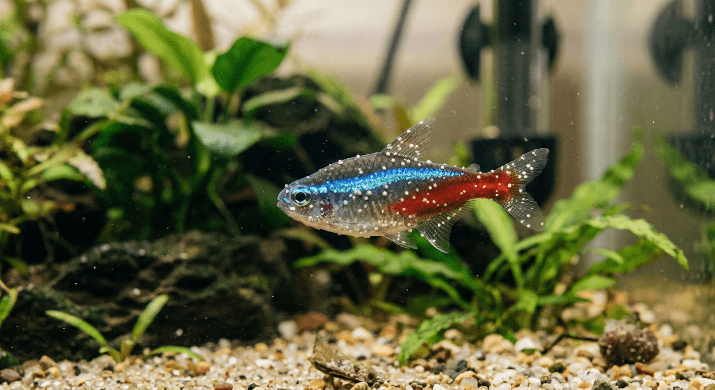 Fish with ich disease showing small white spots scattered across its body and fins