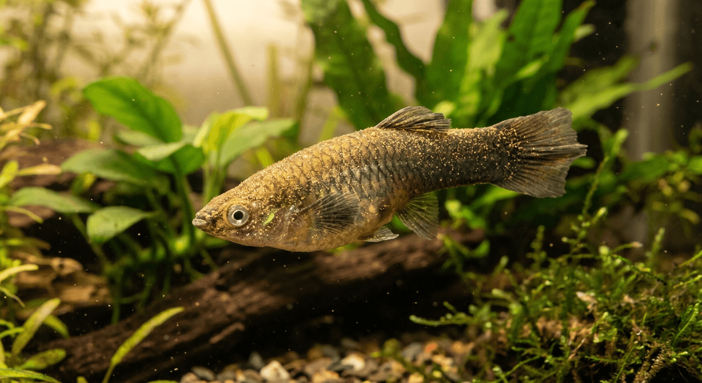 Fish with velvet disease showing fine golden dust-like coating on its skin